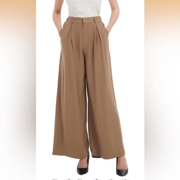 Tronjori Tan Taupe Super Wide-Leg Flowy Women's Pants - Picture 1 of 6